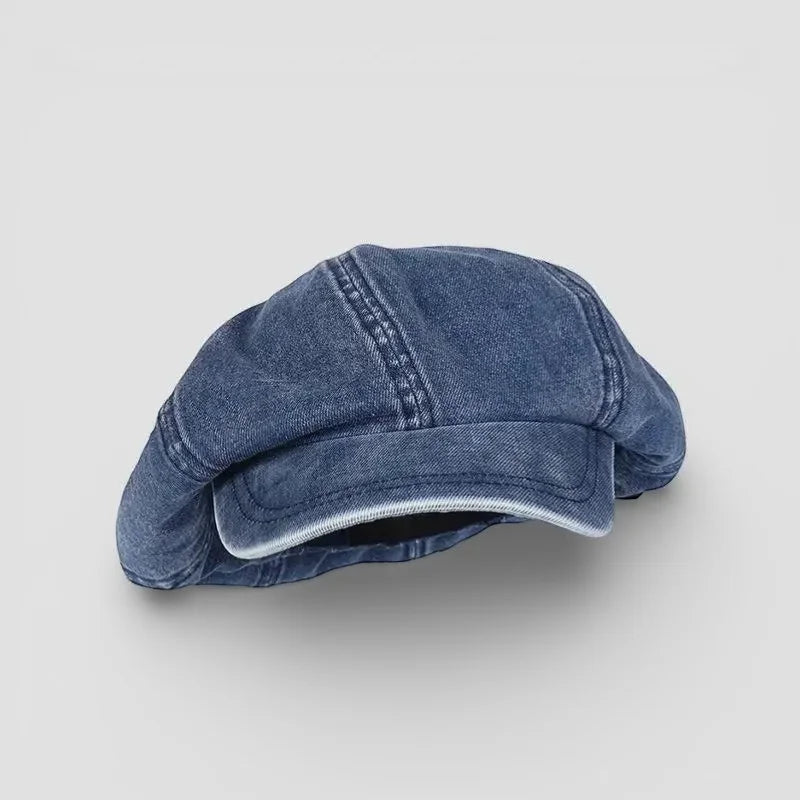 Cotton denim beret flat cap in faded blue with stitched details