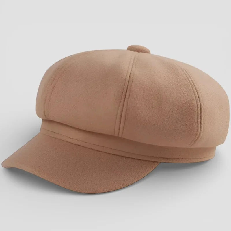 Soft beige cotton newsboy hat with 8-panel design and curved brim
