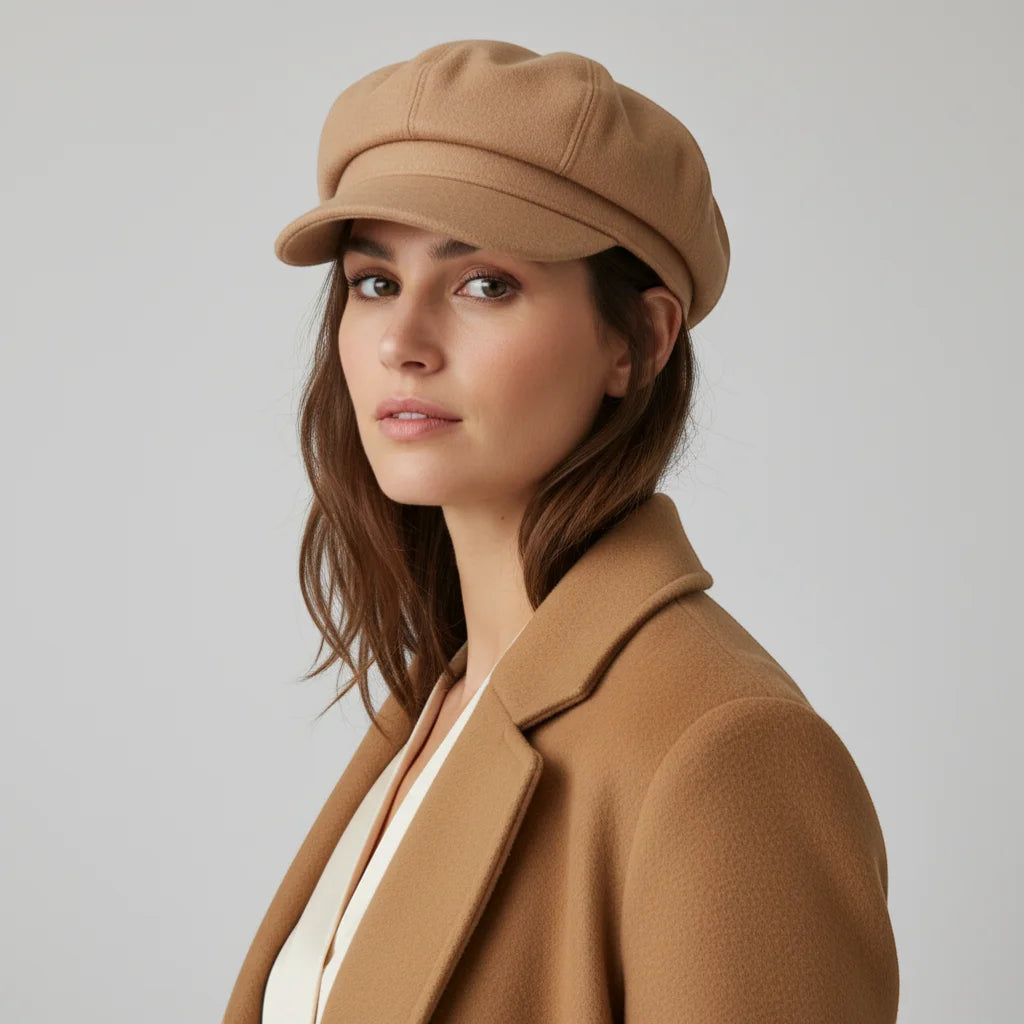 Tan woolen newsboy cap with structured panels and flat brim