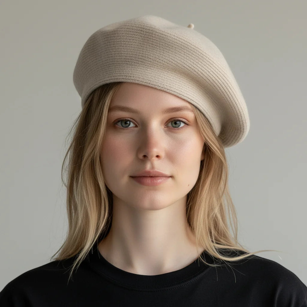 Cream wool beret with beige woven texture and top button