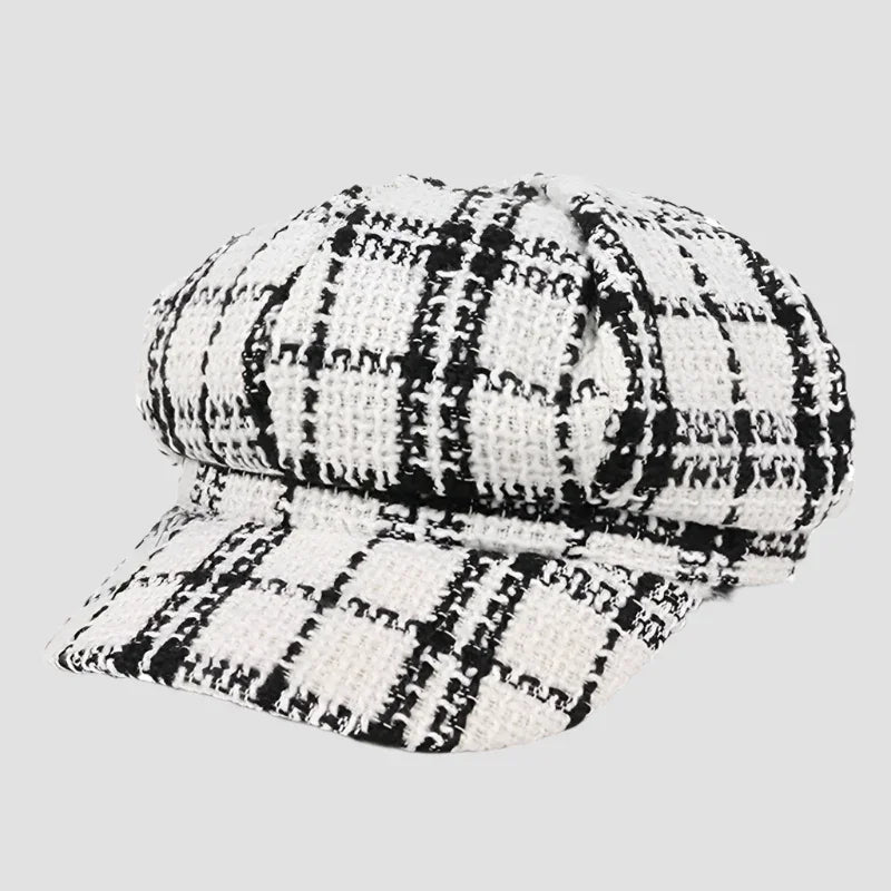 Black and white plaid newsboy cap.
