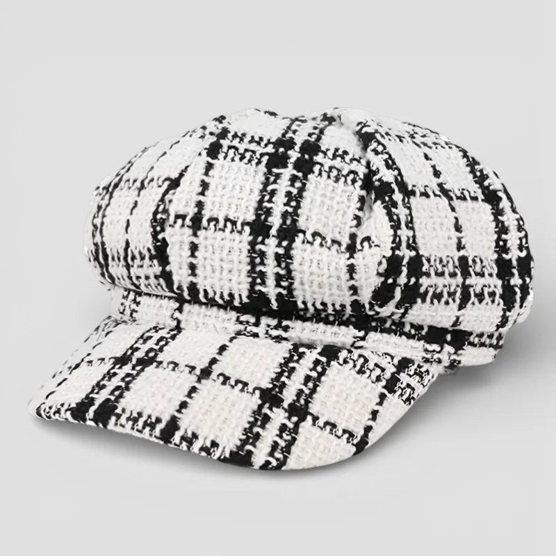 Classic black and white houndstooth crochet beret cap, six-panel design