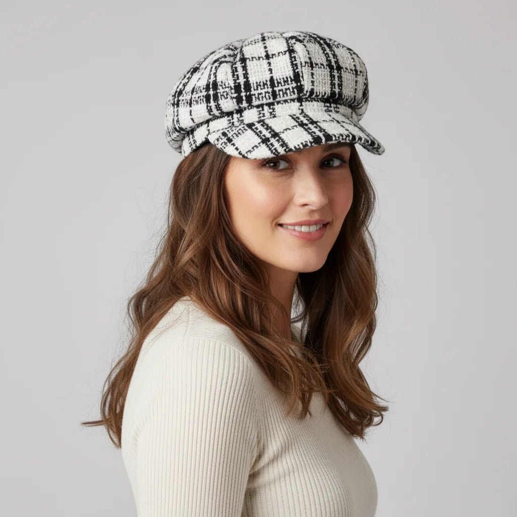 Stylish black and white plaid tweed Crochet Beret Cap with rounded crown