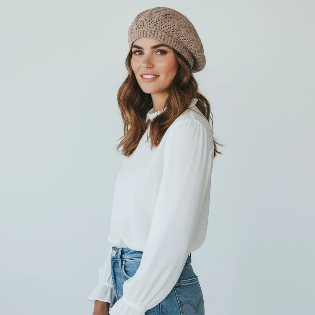 Beige knitted beret with intricate lace pattern, Crochet Beret Pattern