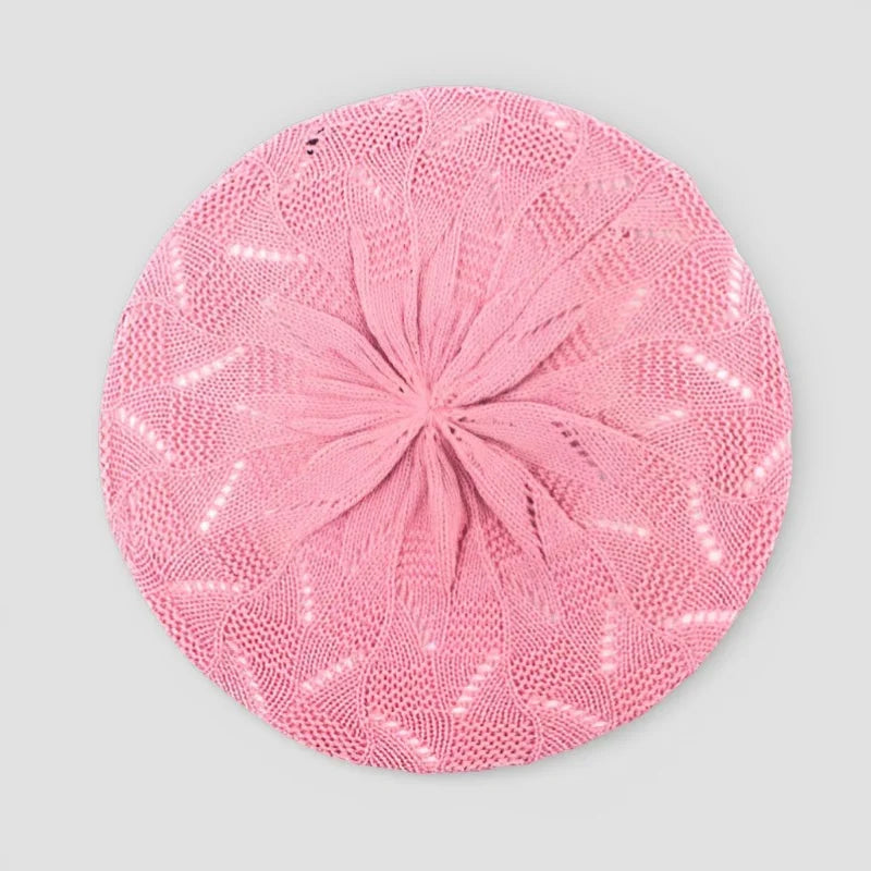 Delicate pink Crochet Beret Pattern with radiating floral design