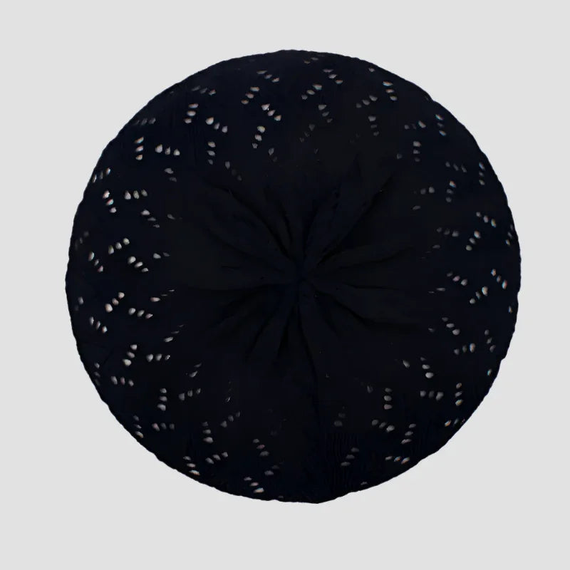 Navy blue knit hat with eyelet pattern.