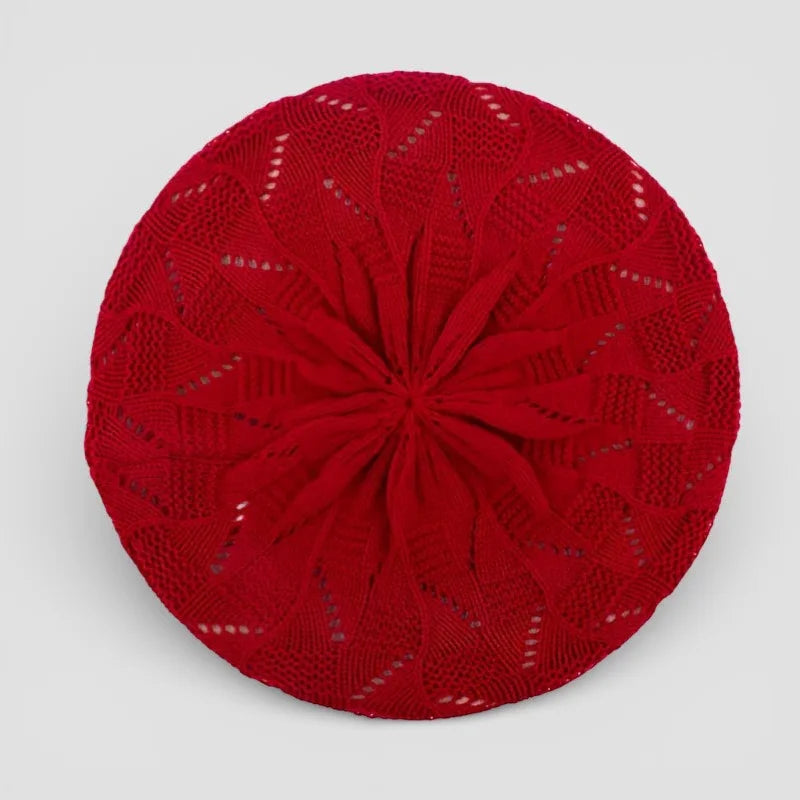 Vibrant red circular Crochet Beret Pattern with floral lace design