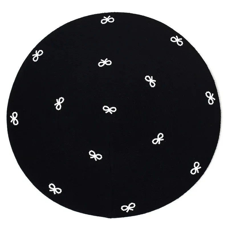Black circular rug with white bow embroidery for Crochet Beret with Bow