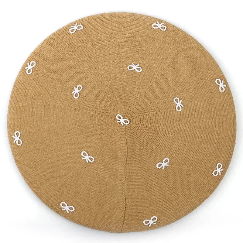 Tan knitted beret with white embroidered bows, Crochet Beret with Bow