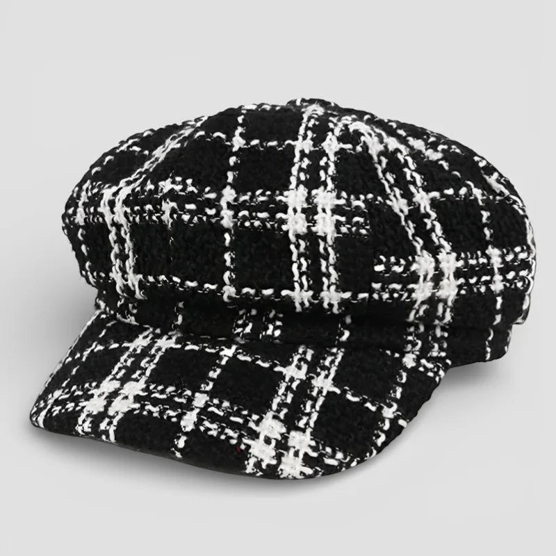 Black and white checkered tweed flat cap for Crochet Newsboy Hat Pattern