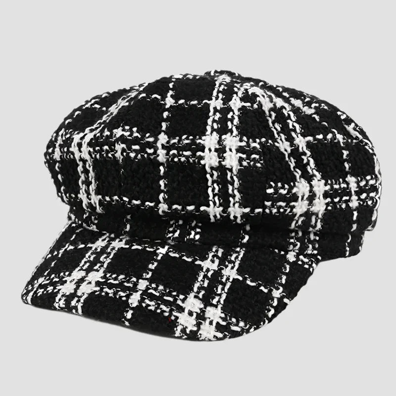 Black and white plaid newsboy cap.