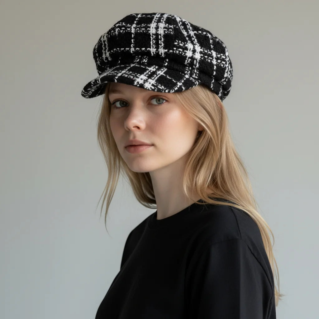 Black and white plaid tweed flat Crochet Newsboy Hat pattern with structured rounded crown