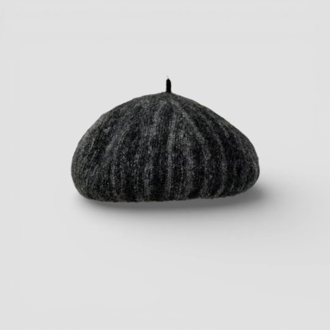 Custom Beret: dark gray ribbed knit with black top button
