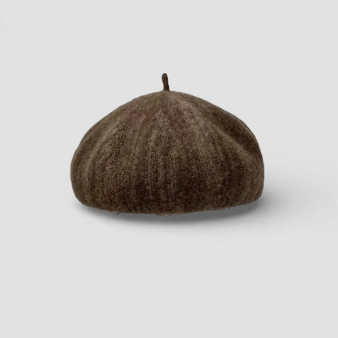 Custom Beret: soft textured brown felt with ribbed pattern and top button