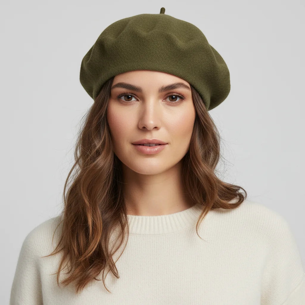 Olive green wool beret with small black button on top, Dark Green Beret