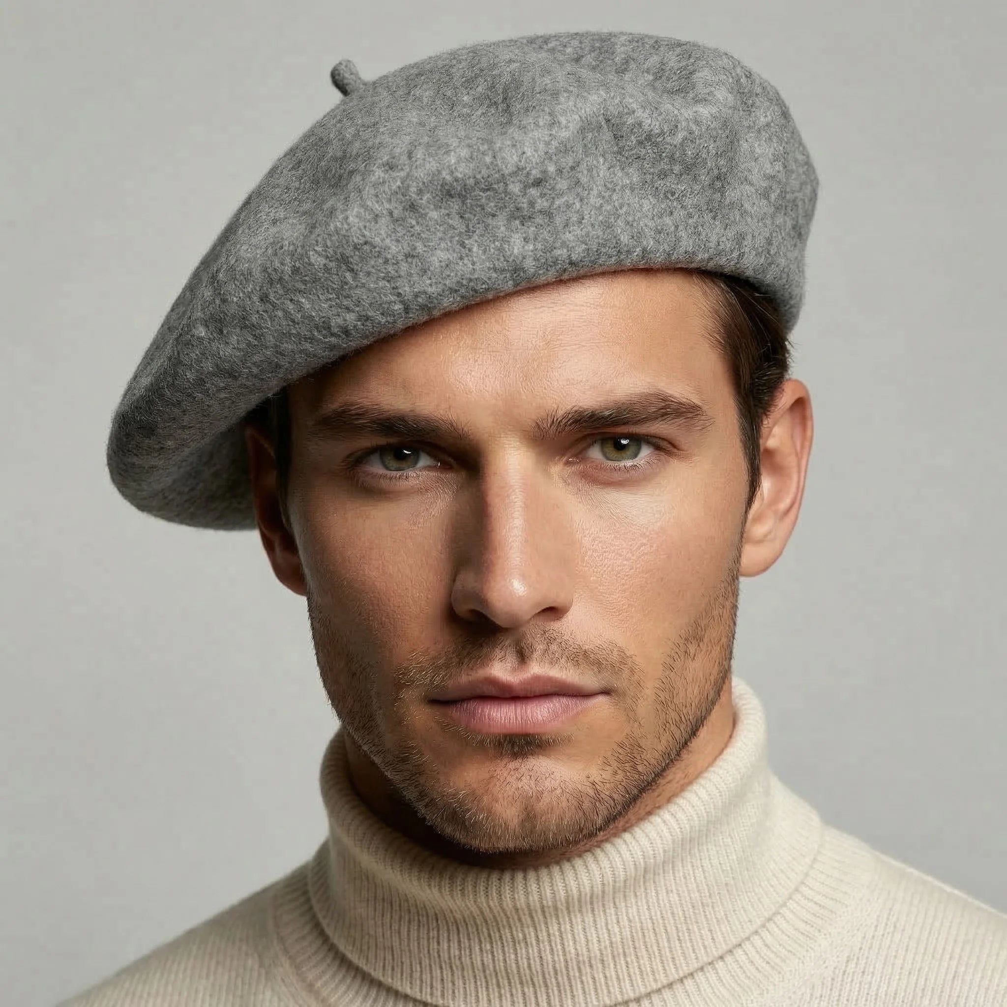 Dark grey felt beret with soft textured surface and top button