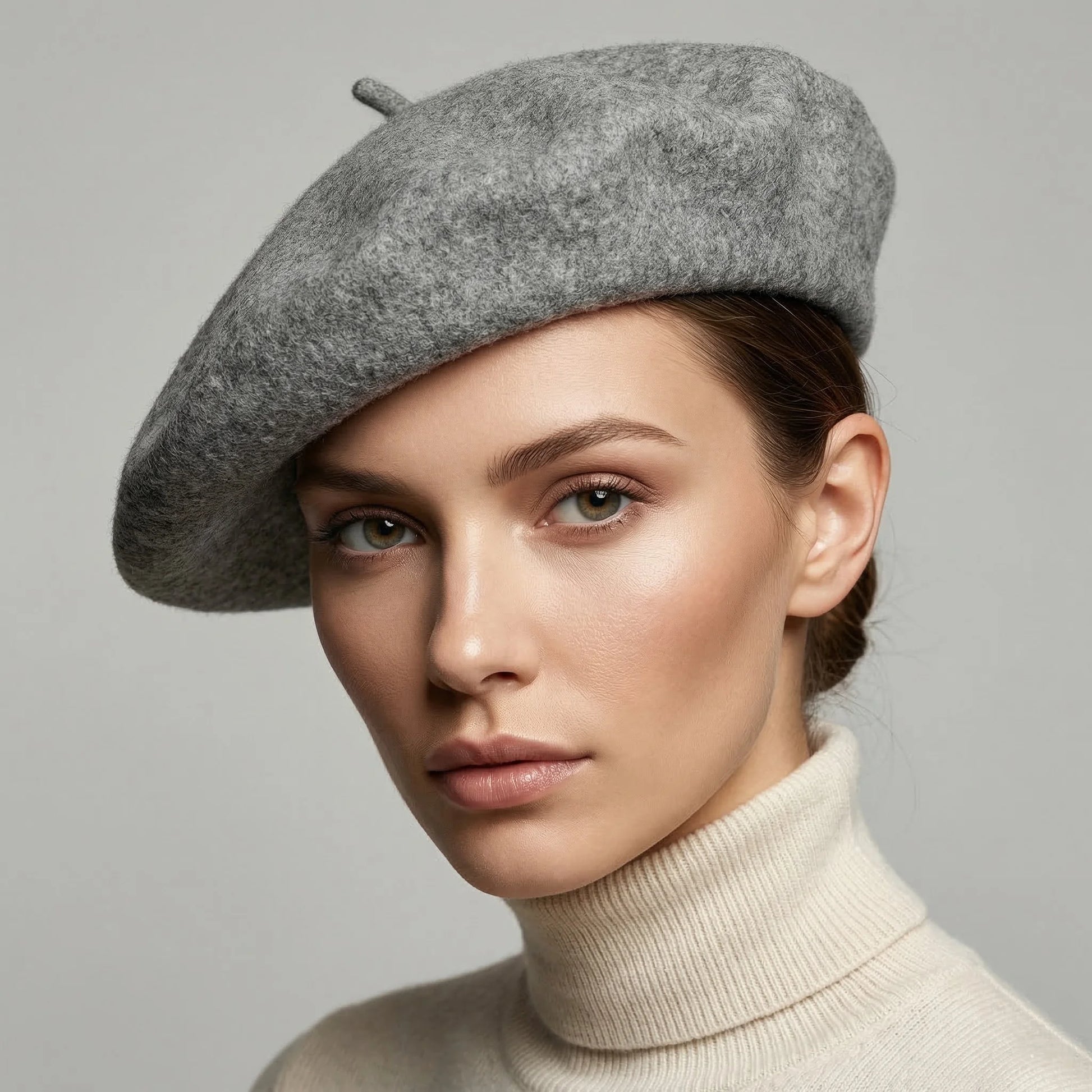 Dark grey felt beret with textured surface and top fabric button
