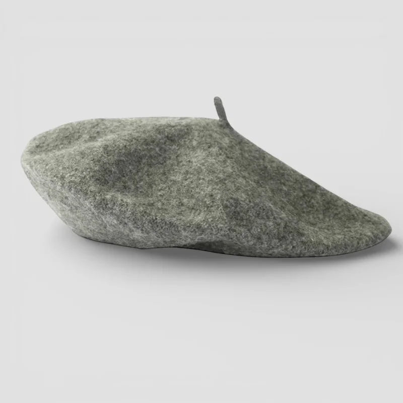Dark grey beret with olive green felt texture and side button