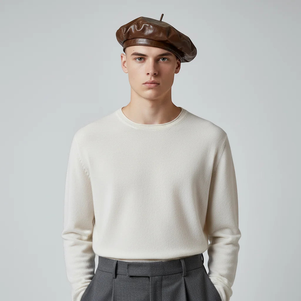 Dark orange leather beret, brown leather detail view