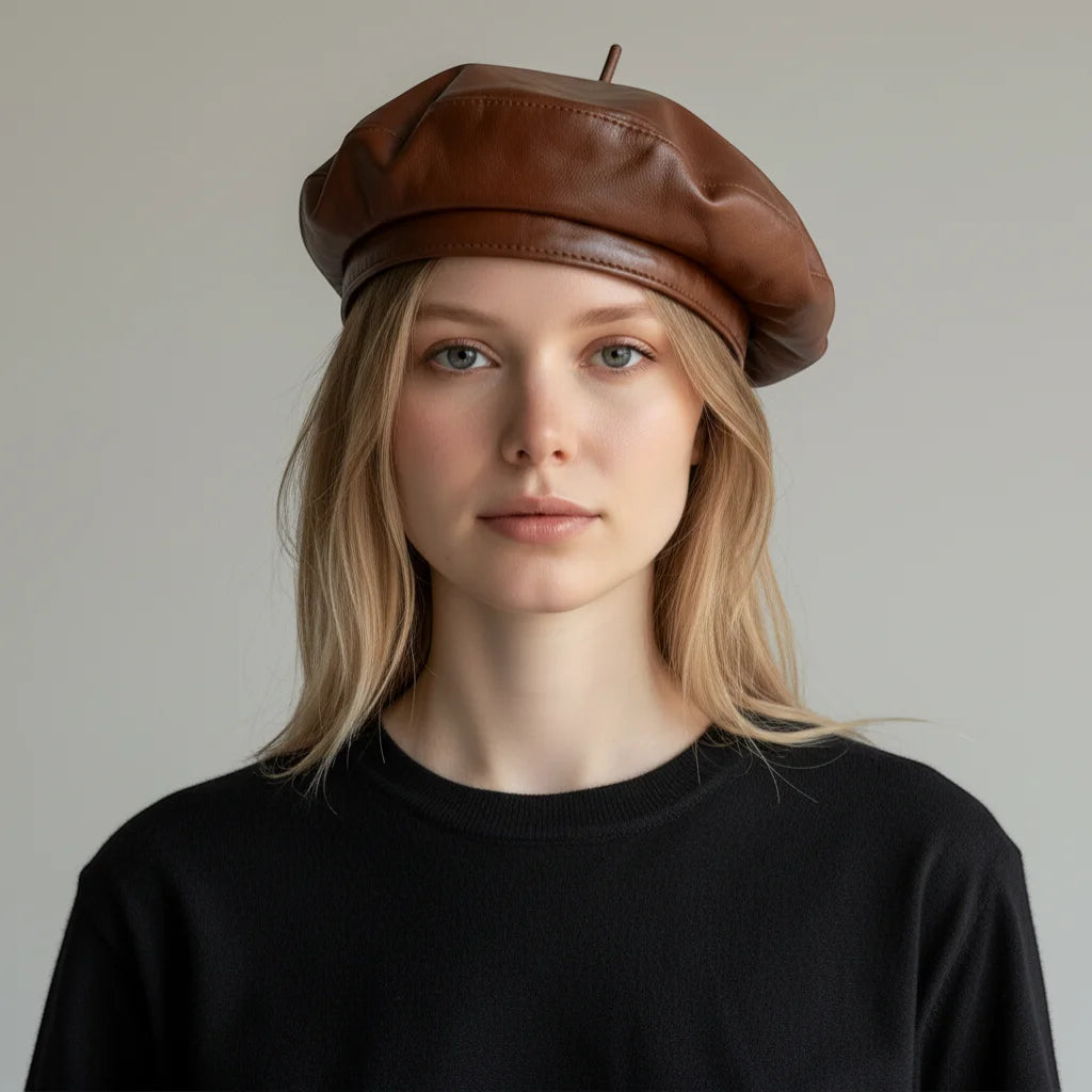Dark orange leather beret with creased texture and decorative pin