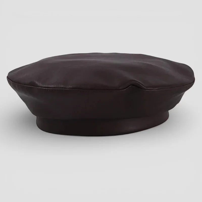 Dark red leather beret with sleek dark brown wrinkled texture