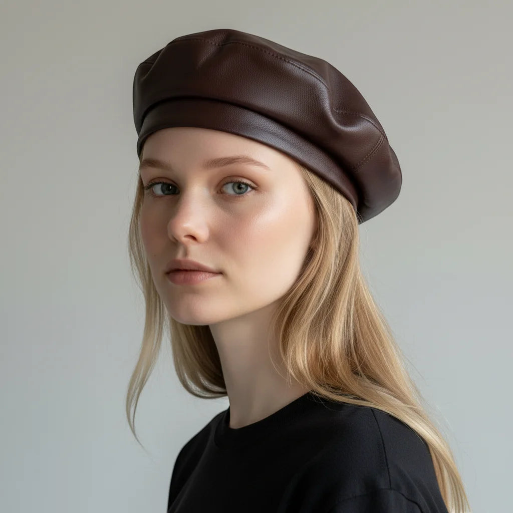 Dark red leather beret with sleek dark brown glossy finish and stitching