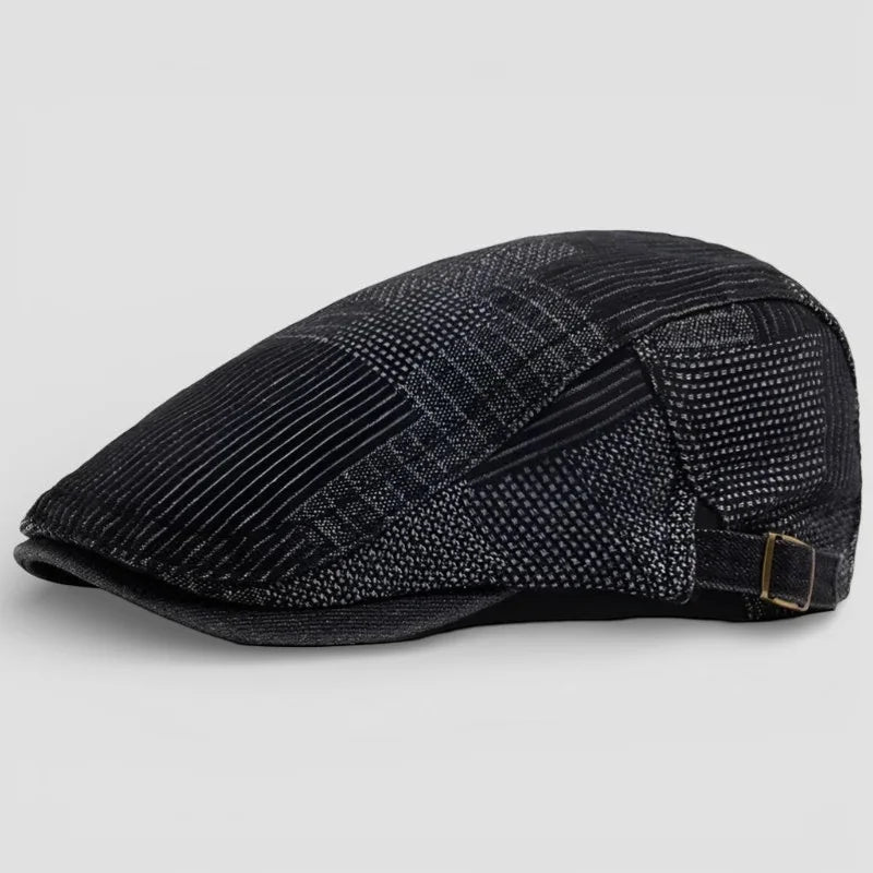 Black patchwork flat Denim Beret Cap with textured panels and buckle