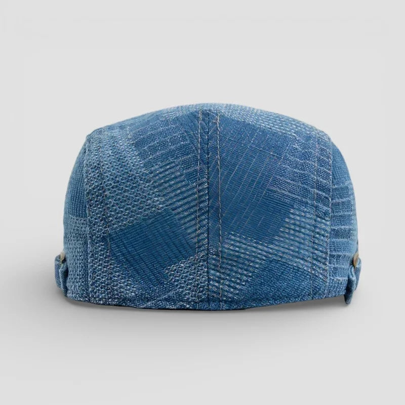 Blue denim five-panel Denim Beret Cap with worn textured finish