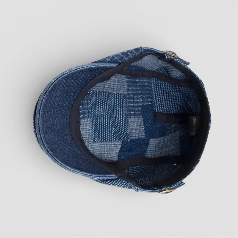 Blue denim beret cap with plaid pattern and black interior lining