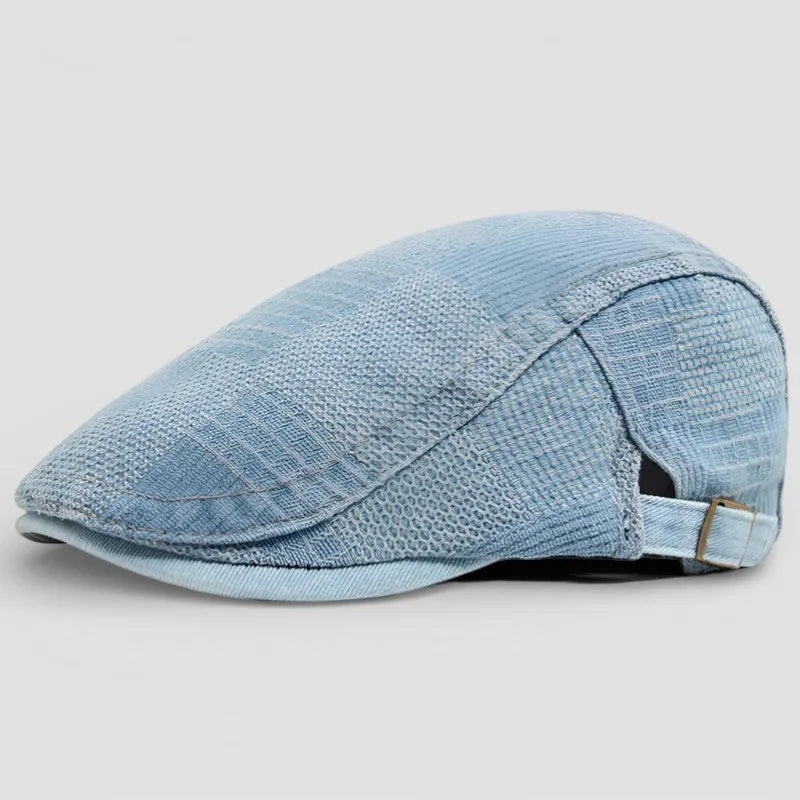 Light blue denim flat cap with textured weave and adjustable strap