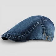 Classic blue denim flat cap with faded wash and stitching on Denim Beret Hat