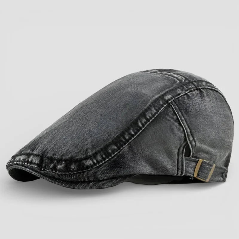 Dark gray denim flat cap with worn texture and gold buckle, Denim Beret Hat