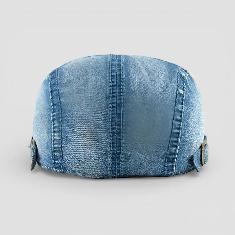 Light blue denim five-panel cap with stitching and adjustable tabs, Denim Beret Hat