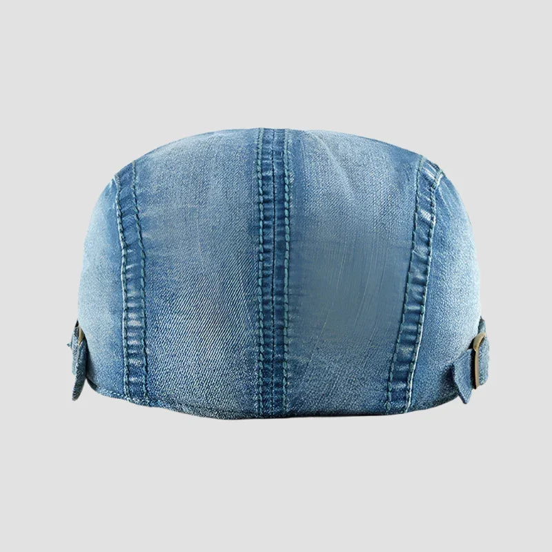 Denim newsboy cap.