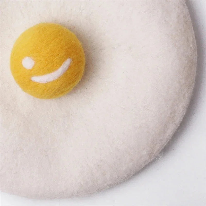 Egg Beret soft fluffy yellow felt smiley face charm