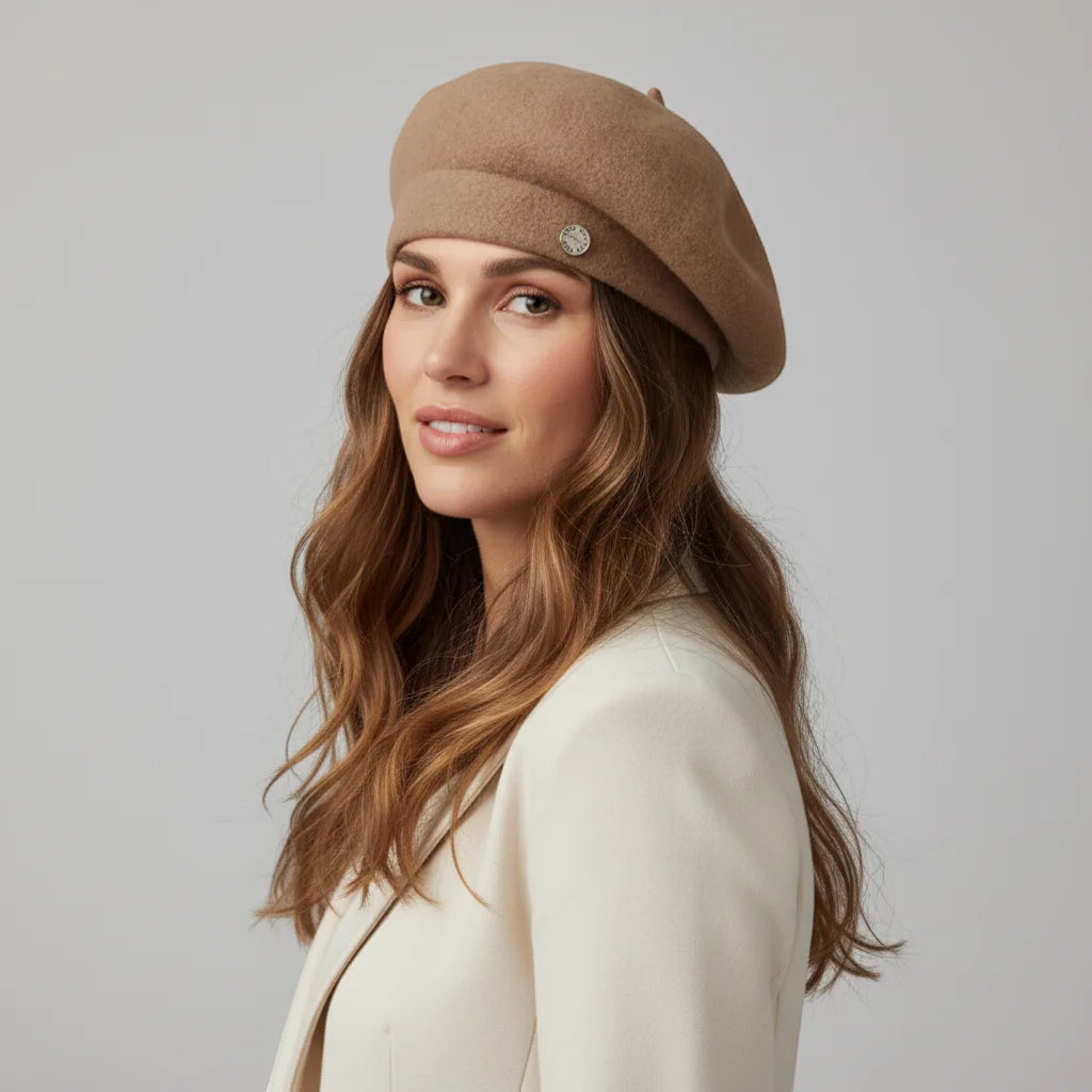 Soft tan wool beret with subtle circular emblem, Felted Wool Beret