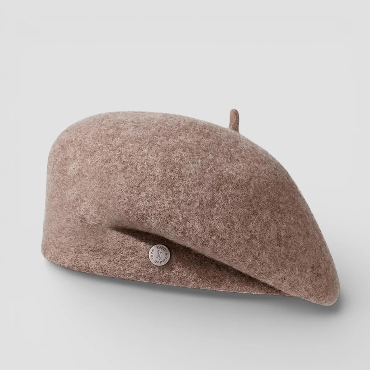 Soft taupe felted wool beret with side button detail
