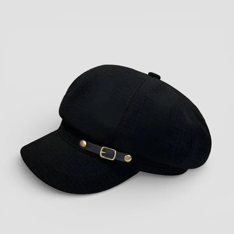 Black felt Female Newsboy Hat with gold buckle and brass rivets