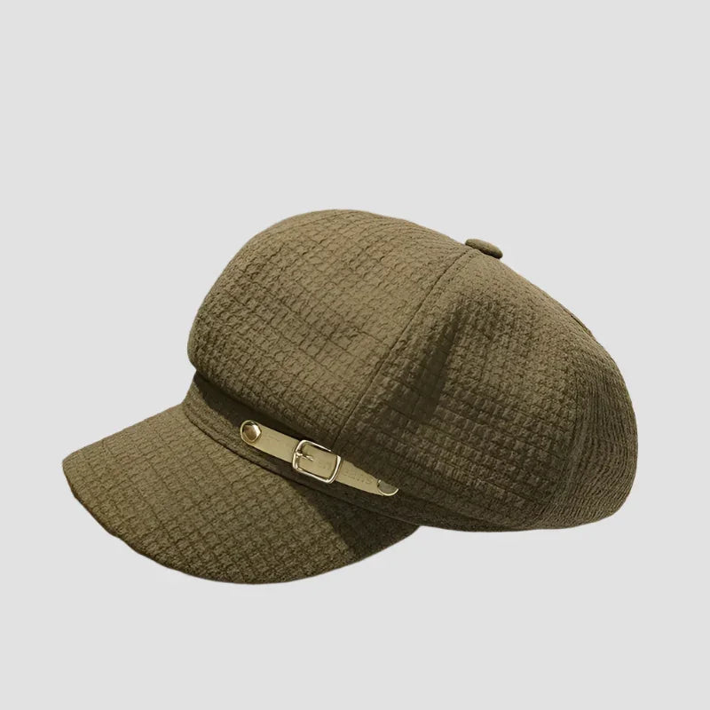 Olive green newsboy cap with buckle.