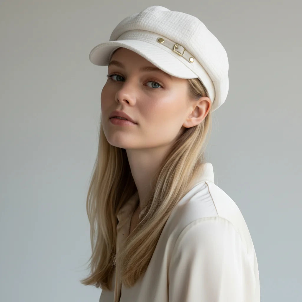 Female newsboy hat with white textured cap, structured brim, gold buckle