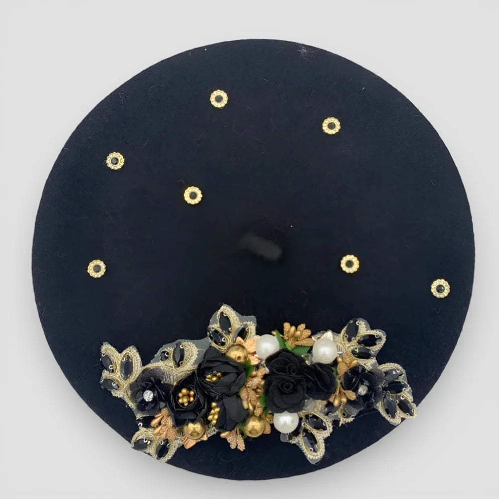 Flower Basque Beret: black velvet hat with gold embellishments, black rose applique