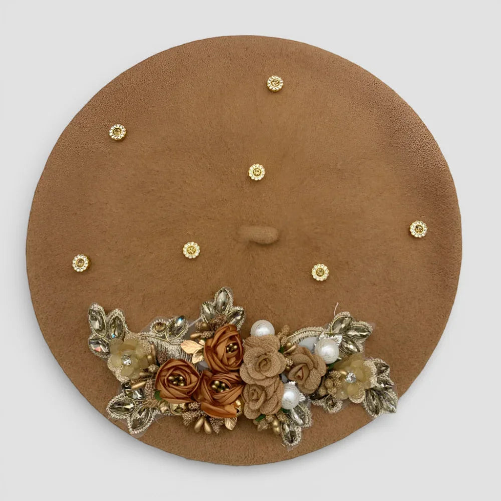 Flower Basque Beret: brown suede with floral embroidery, pearls, rhinestones