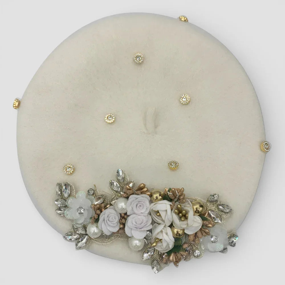 Flower Basque Beret in cream with white gold floral appliques pearls rhinestones