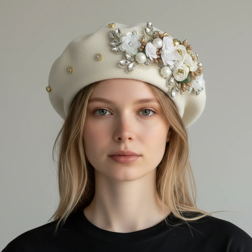 Flower Basque Beret: cream felt with white flowers, pearls, metallic accents