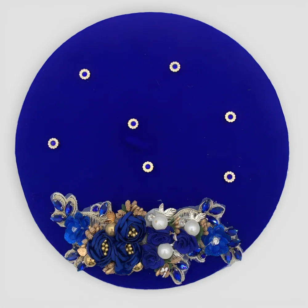Flower Basque Beret: deep blue velvet hat with embroidered floral details