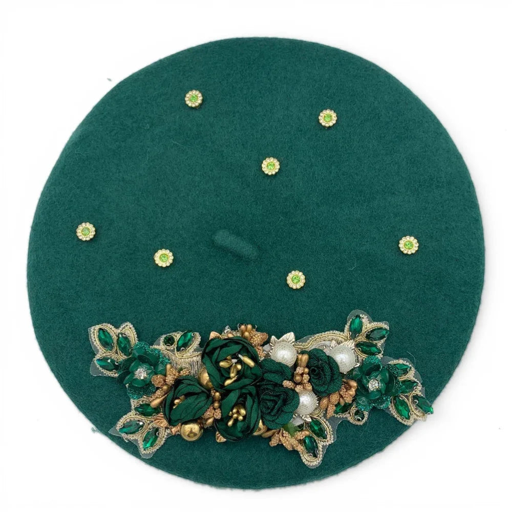 Flower Basque Beret: emerald green felt with embroidered roses, pearls, gold accents
