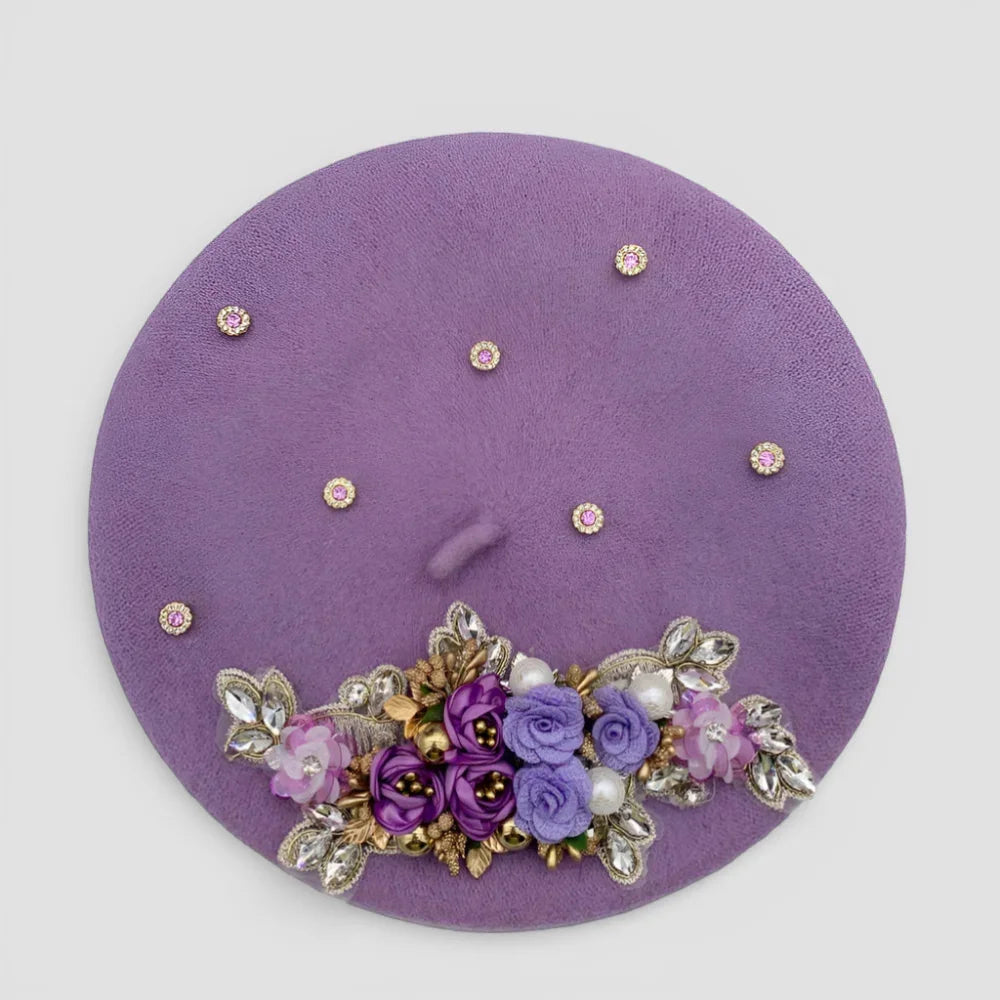 Flower Basque Beret: purple felt with embroidered roses, pearls, crystals