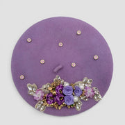 Flower Basque Beret: purple felt with embroidered roses, pearls, crystals