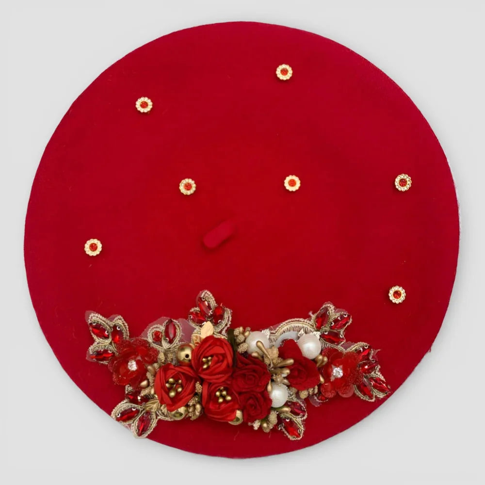 Flower Basque Beret: red felt with gold floral embellishments, pearls, rhinestones