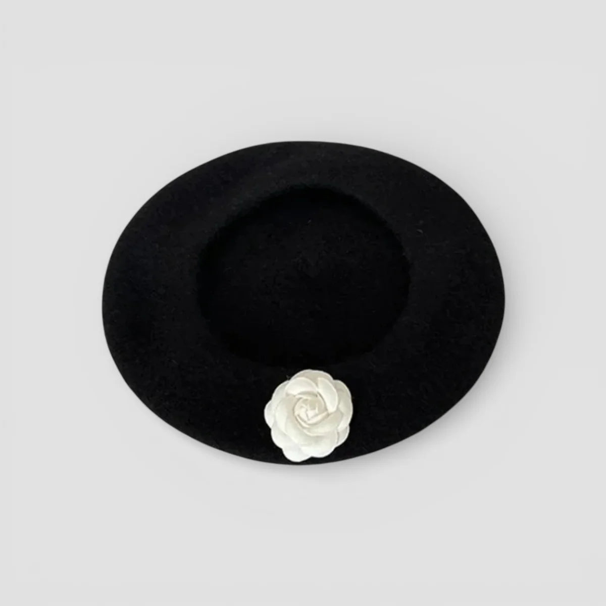Black felt Flower Beret with white fabric rose